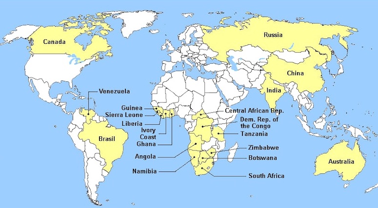 Страны лидеры по добыче алмазов на карте мира